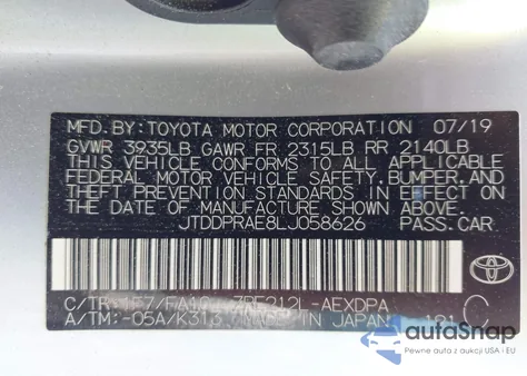 2020 Toyota Corolla L из США, поврежденный, VIN JTDDPRAE8LJ058626